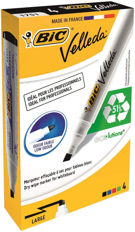 Bic Velleda 1751 Whiteboard Marker Chisel Tip 3.7-5.5mm Line Assorted Colours (Pack 4) - 904950 - NWT FM SOLUTIONS - YOUR CATERING WHOLESALER