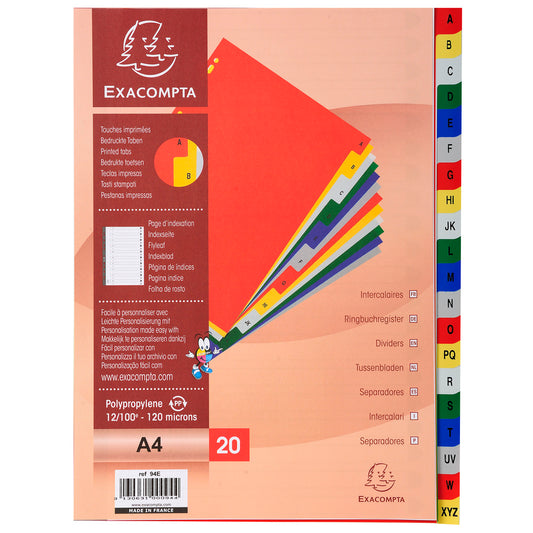 Exacompta Index A-Z A4 120 Micron Polypropylene Bright Assorted Colours - 94E - NWT FM SOLUTIONS - YOUR CATERING WHOLESALER