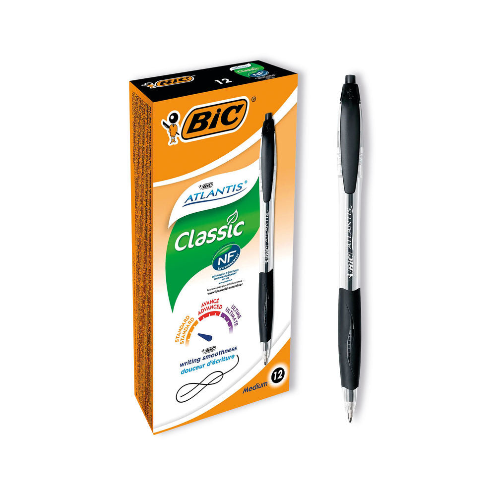 Bic Atlantis Retractable Ballpoint Medium Black Pens 12's