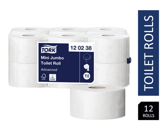 Tork T2 Mini Jumbo Advanced Toilet Roll 2-Ply Pack 12's {120238} - NWT FM SOLUTIONS - YOUR CATERING WHOLESALER