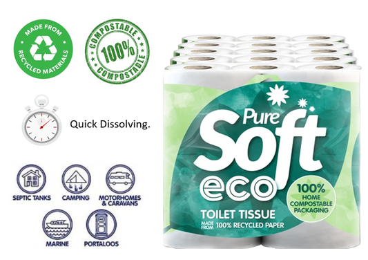 Pure Soft Eco 100% Recycled Quick Dissolve Toilet Rolls 4 Pack - NWT FM SOLUTIONS - YOUR CATERING WHOLESALER