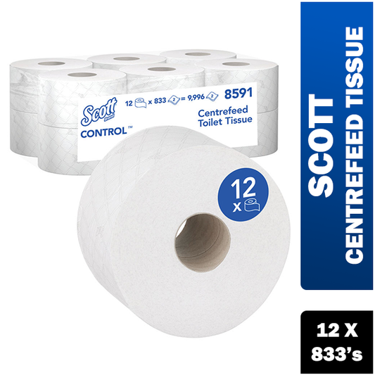 Scott Control Toilet Tissue Centrefeed Roll 2-Ply 833 Sheets (Pack of 12) 8591 - NWT FM SOLUTIONS - YOUR CATERING WHOLESALER