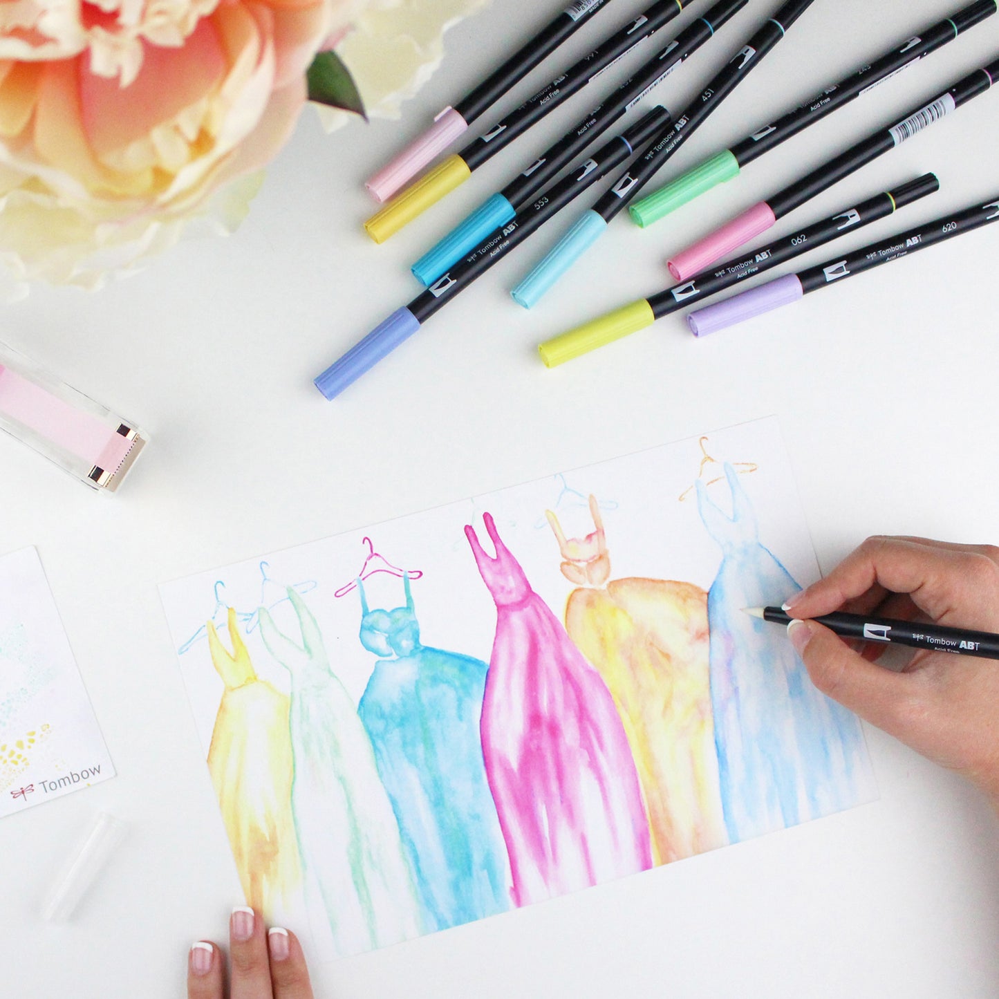 Tombow ABT Dual Brush Pen 2 Tips Primary Assorted Colours (Pack 6) - ABT-6P-1