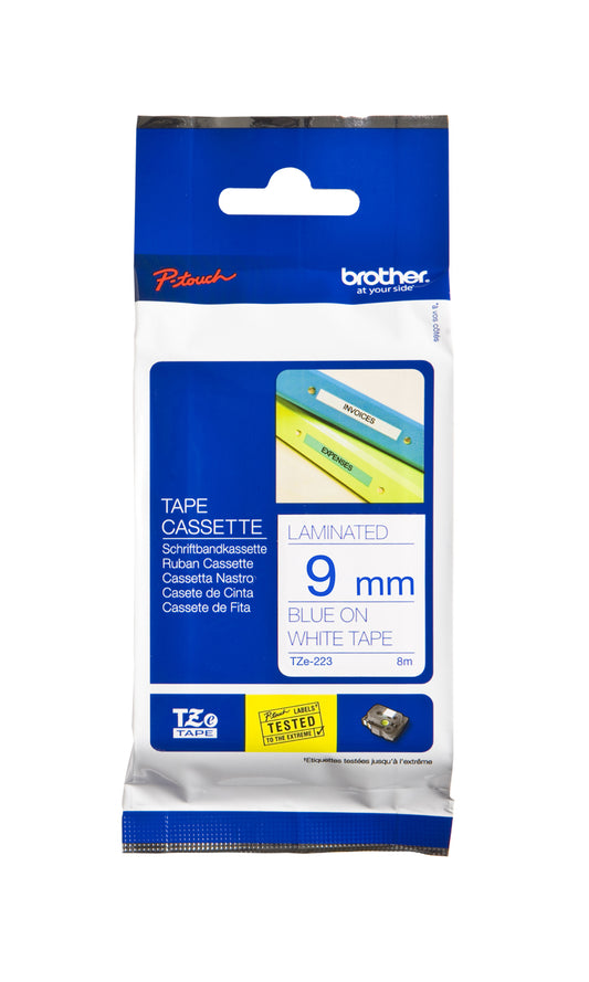 Brother Blue On White PTouch Ribbon 9mm x 8m - TZE223 - NWT FM SOLUTIONS - YOUR CATERING WHOLESALER