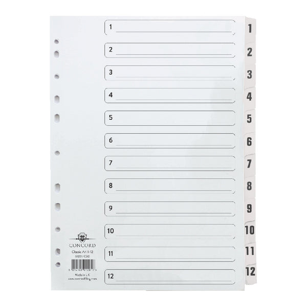 Concord Classic Index 1-12 A4 180gsm Board White with Clear Mylar Tabs 01201/CS12 - NWT FM SOLUTIONS - YOUR CATERING WHOLESALER