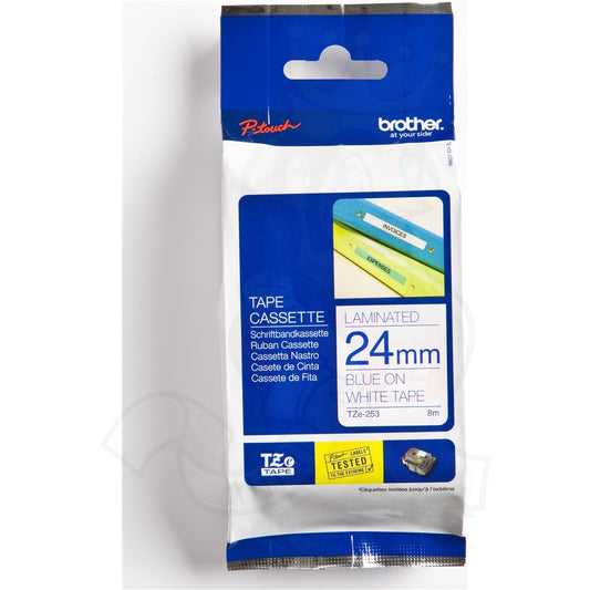 Brother Blue On White PTouch Ribbon 24mm x 8m - TZE253 - NWT FM SOLUTIONS - YOUR CATERING WHOLESALER