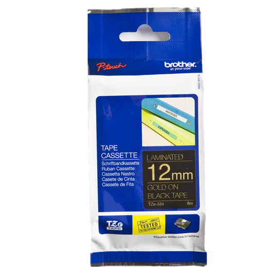 Brother Glossy Gold On Black Label Tape 12mm x 8m - TZE334 - NWT FM SOLUTIONS - YOUR CATERING WHOLESALER