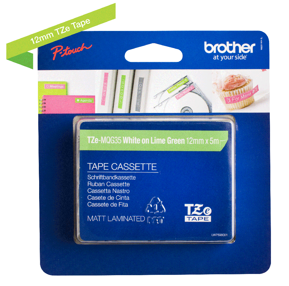 Brother White On Lime Green Label Tape 12mm x 5m - TZEMQG35 - NWT FM SOLUTIONS - YOUR CATERING WHOLESALER