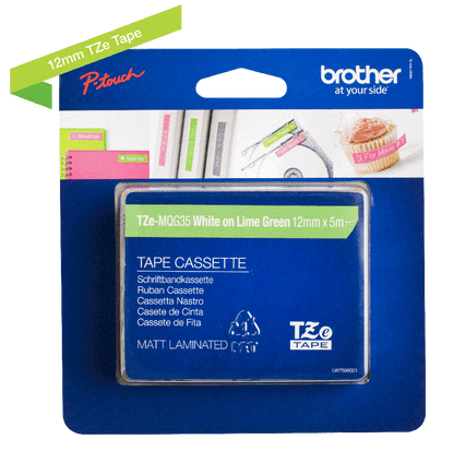 Brother White On Lime Green Label Tape 12mm x 5m - TZEMQG35 - NWT FM SOLUTIONS - YOUR CATERING WHOLESALER