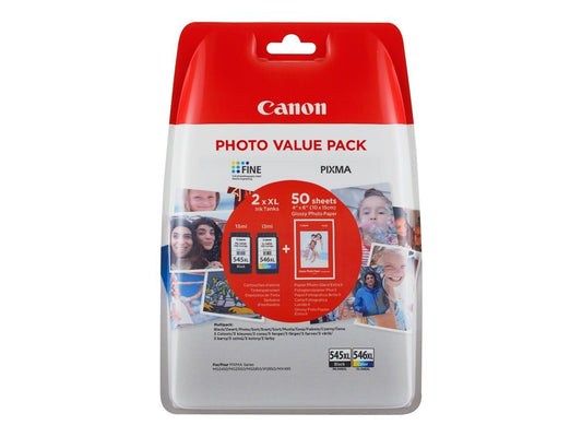 Canon PG545XL CL546XL High Yield Black 15ml + Tri- Colour Ink Cartridge 13ml + 50 Sheets 10 x 15cm Glossy Photo Paper Value Pack - 8286B006 - NWT FM SOLUTIONS - YOUR CATERING WHOLESALER