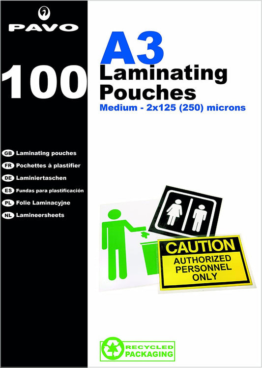 Pavo Laminating Pouch 2x125 Micron A3 Gloss (Pack 100) 8005895 - NWT FM SOLUTIONS - YOUR CATERING WHOLESALER