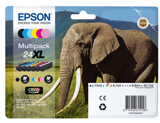 Epson 24XL Elephant Black Cyan Magenta Yellow High Yield Ink Cartridge Multipack 10ml + 5 x 8.7ml - C13T24384011 - NWT FM SOLUTIONS - YOUR CATERING WHOLESALER