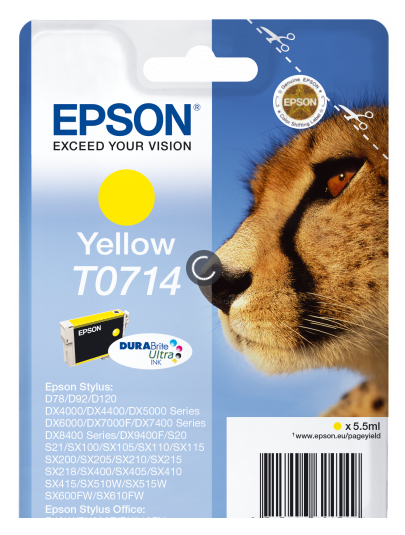 Epson T0714 Cheetah Yellow Standard Capacity Ink Cartridge 6ml - C13T07144012 - NWT FM SOLUTIONS - YOUR CATERING WHOLESALER