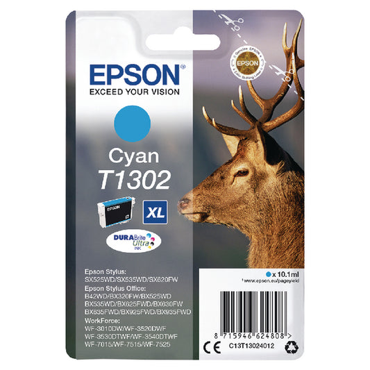 Epson T1302 Stag Cyan High Yield Ink Cartridge 10ml - C13T13024012 - NWT FM SOLUTIONS - YOUR CATERING WHOLESALER