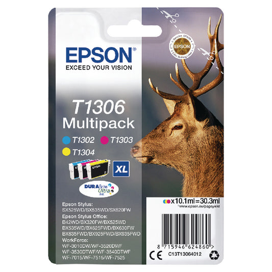 Epson T1306 Stag Cyan Magenta Yellow High Yield Ink Cartridge Multipack 3 x 10ml (Pack 3) - C13T13064012 - NWT FM SOLUTIONS - YOUR CATERING WHOLESALER