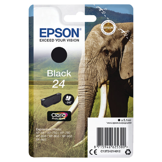 Epson 24 Elephant Black Standard Capacity Ink Cartridge 5ml - C13T24214012 - NWT FM SOLUTIONS - YOUR CATERING WHOLESALER