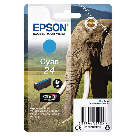 Epson 24 Elephant Cyan Standard Capacity Ink Cartridge 5ml - C13T24224012 - NWT FM SOLUTIONS - YOUR CATERING WHOLESALER