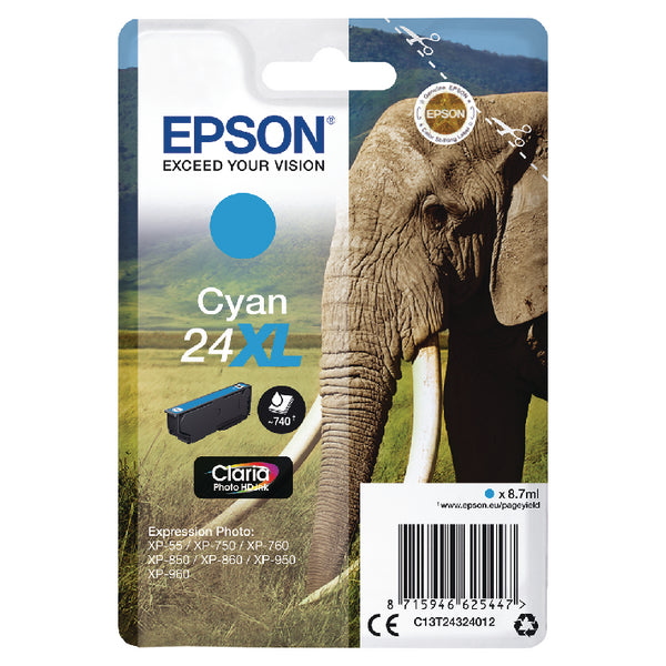 Epson 24XL Elephant Cyan High Yield Ink Cartridge 9ml - C13T24324012 - NWT FM SOLUTIONS - YOUR CATERING WHOLESALER