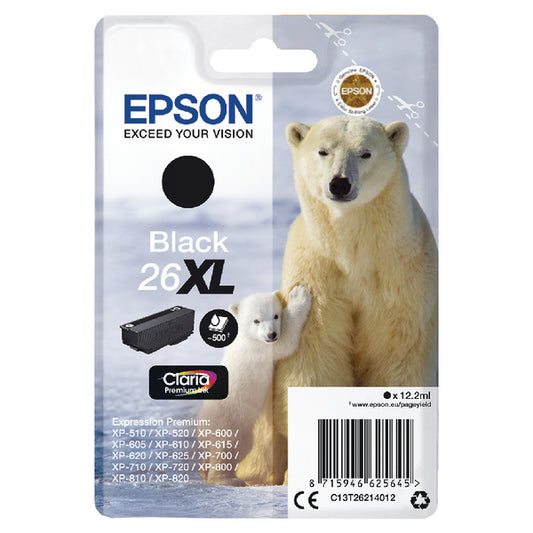 Epson 26XL Polar Bear Black High Yield Ink Cartridge 12ml - C13T26214012 - NWT FM SOLUTIONS - YOUR CATERING WHOLESALER