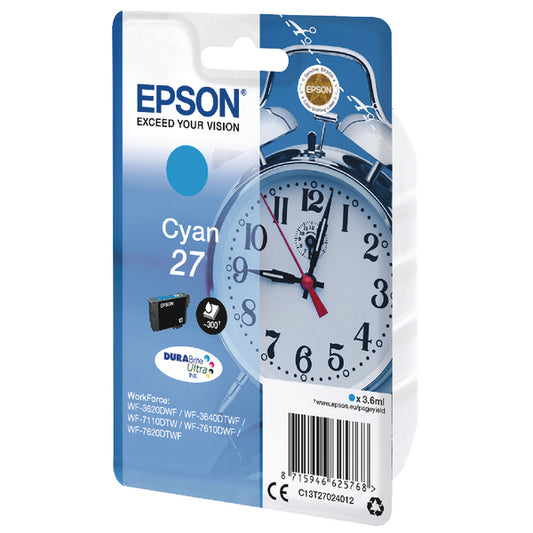 Epson 27 Alarm Clock Cyan Standard Capacity Ink Cartridge 4ml - C13T27024012 - NWT FM SOLUTIONS - YOUR CATERING WHOLESALER