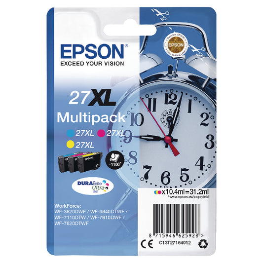 Epson 27XL Alarm Clock Cyan Magenta Yellow High Yield Ink Cartridge Multipack 3 x 10ml (Pack 3) - C13T27154012 - NWT FM SOLUTIONS - YOUR CATERING WHOLESALER