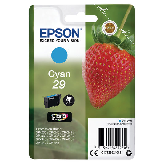 Epson 29 Strawberry Cyan Standard Capacity Ink Cartridge 3ml - C13T29824012 - NWT FM SOLUTIONS - YOUR CATERING WHOLESALER