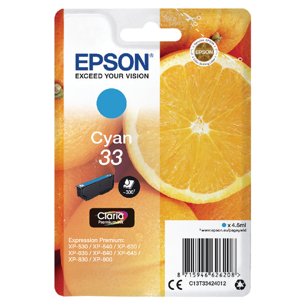 Epson 33 Oranges Cyan Standard Capacity Ink Cartridge 4.5ml - C13T33424012 - NWT FM SOLUTIONS - YOUR CATERING WHOLESALER