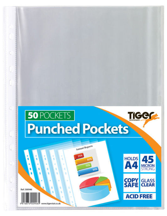 Tiger Multi Punched Pocket Polypropylene A4 45 Micron Top Opening Clear (Pack 50) - 300946 - NWT FM SOLUTIONS - YOUR CATERING WHOLESALER