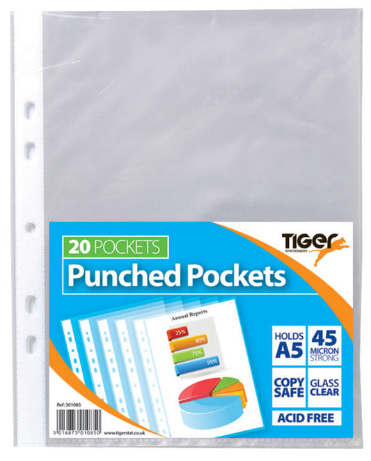 Tiger Multi Punched Pocket Polypropylene A5 45 Micron Top Opening Clear (Pack 20) - 301085 - NWT FM SOLUTIONS - YOUR CATERING WHOLESALER