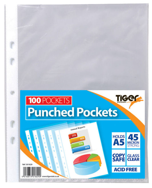 Tiger Multi Punched Pocket Polypropylene A5 45 Micron Top Opening Clear (Pack 100) - 301829 - NWT FM SOLUTIONS - YOUR CATERING WHOLESALER