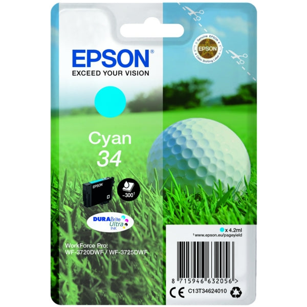 Epson 34 Golfball Cyan Standard Capacity Ink Cartridge 4ml - C13T34624010 - NWT FM SOLUTIONS - YOUR CATERING WHOLESALER