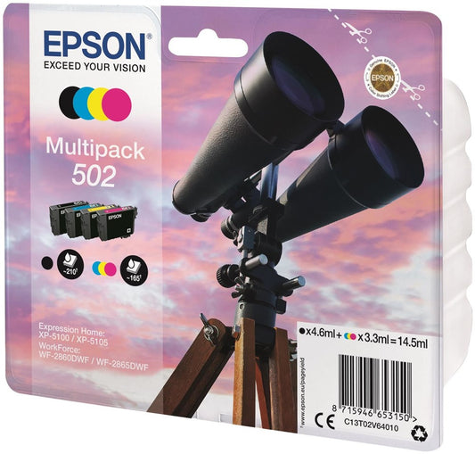 Epson 502 Binoculars Black Cyan Magenta Yellow Standard Capacity Ink Cartridge Multipack 4.6ml + 3 x 3ml (Pack 4) - C13T02V64010 - NWT FM SOLUTIONS - YOUR CATERING WHOLESALER