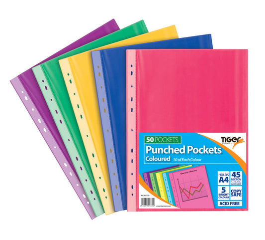 Tiger Multi Punched Pocket Polypropylene A4 45 Micron Top Opening Coloured (Pack 50) - 301735 - NWT FM SOLUTIONS - YOUR CATERING WHOLESALER