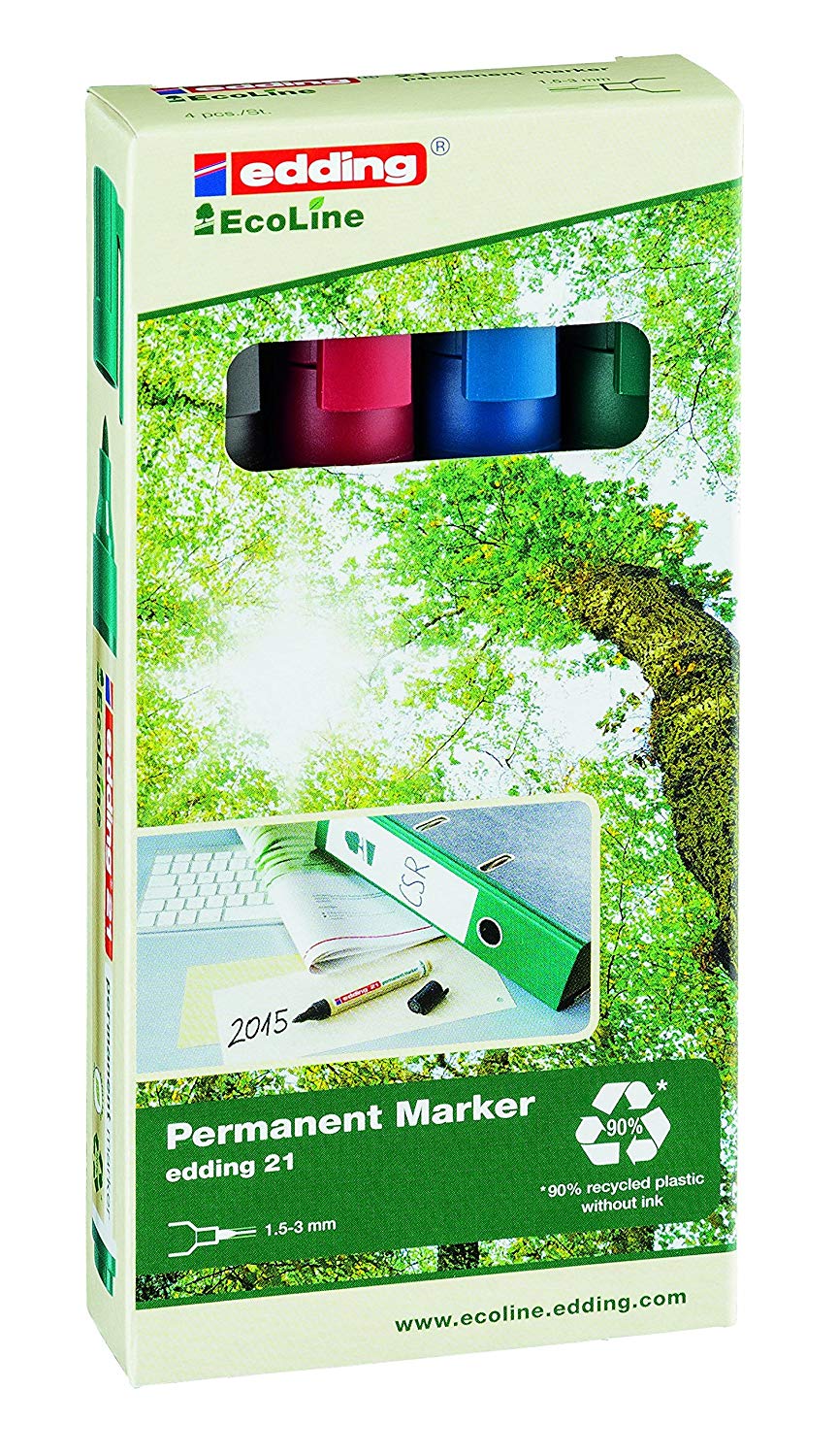 edding 21 EcoLine Permanent Marker Bullet Tip 1.5-3mm Line Assorted Colours (Pack 4) - 4-21-4 - NWT FM SOLUTIONS - YOUR CATERING WHOLESALER