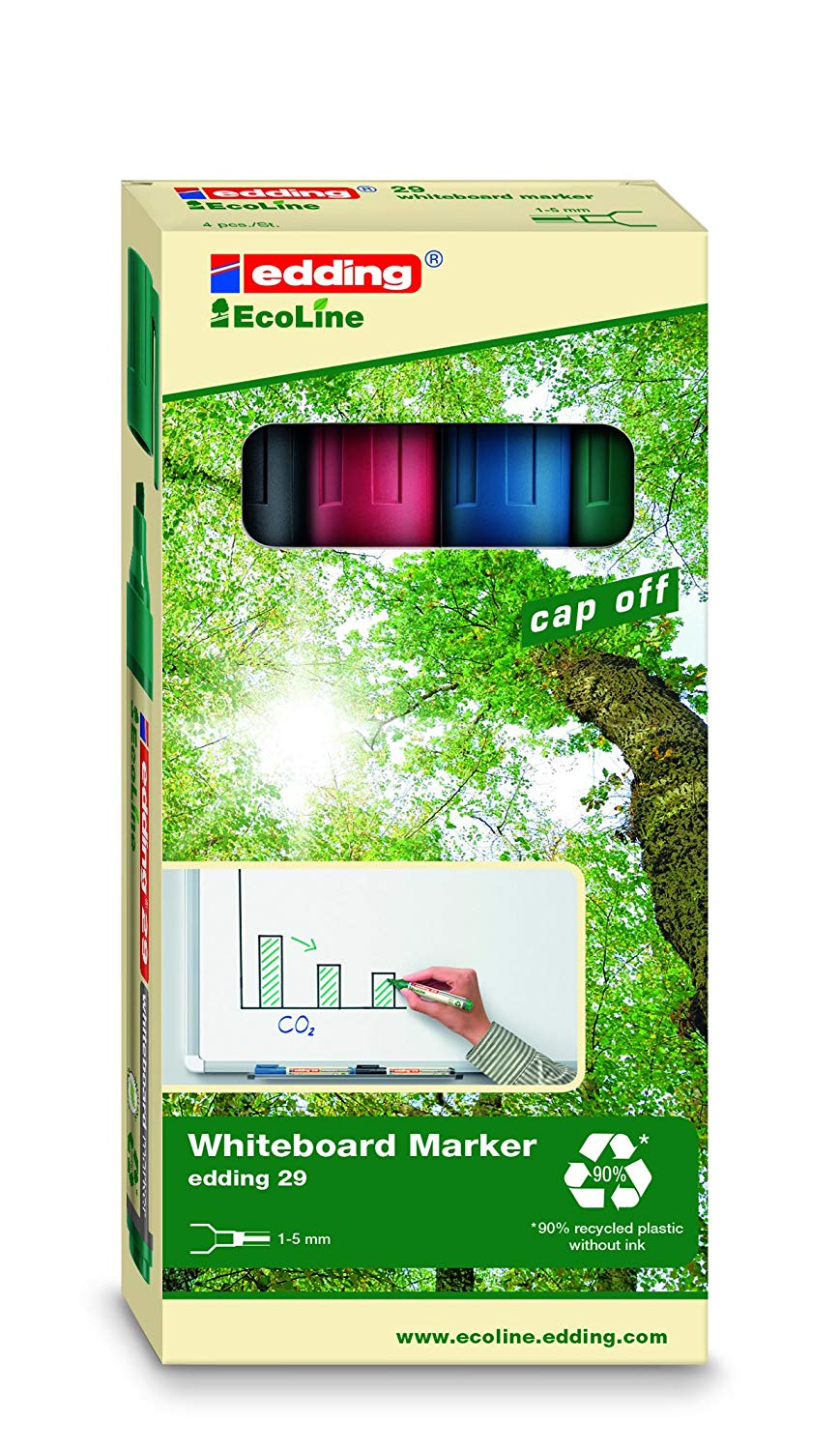 edding 28 EcoLine Whiteboard Marker Bullet Tip 1.5-3mm Line Assorted Colours (Pack 4) - 4-28-4 - NWT FM SOLUTIONS - YOUR CATERING WHOLESALER