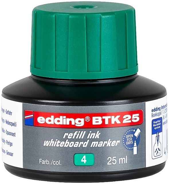 edding BTK 25 Bottled Refill Ink for Whiteboard Markers 25ml Green - 4-BTK25004 - NWT FM SOLUTIONS - YOUR CATERING WHOLESALER