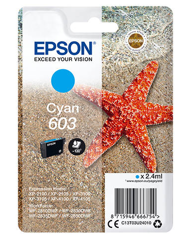 Epson 603 Starfish Cyan Standard Capacity Ink Cartridge 2.4ml - C13T03U24010 - NWT FM SOLUTIONS - YOUR CATERING WHOLESALER