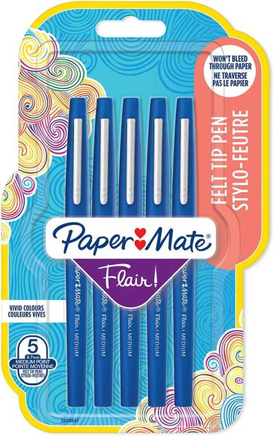 Paper Mate Flair Fibre Tip Pen Medium Point 0.7mm Blue (Pack 5) 2028647 - NWT FM SOLUTIONS - YOUR CATERING WHOLESALER