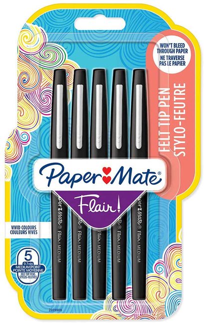 Paper Mate Flair Fibre Tip Pen Medium Point 0.7mm Black (Pack 5) 2028909 - NWT FM SOLUTIONS - YOUR CATERING WHOLESALER