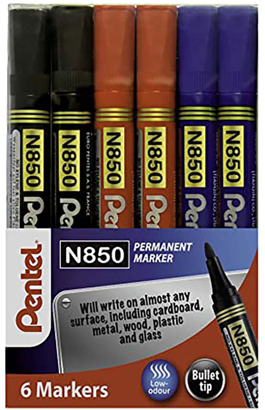 Pentel N850 Permanent Marker Bullet Tip 2.1mm Line Assorted (Pack 6) YN850/6-M - NWT FM SOLUTIONS - YOUR CATERING WHOLESALER