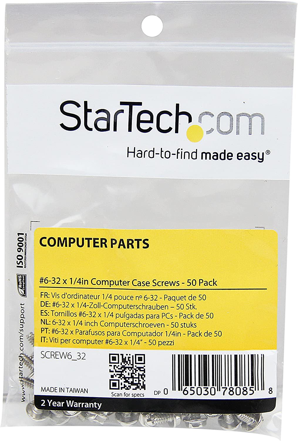 StarTech.com Replacement Long Standoff PC Mounting Screws 6 to 32 x 0.25 Inches 50 Pack
