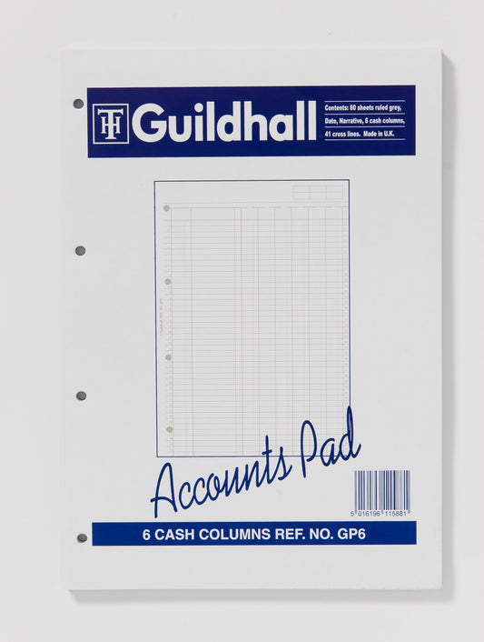 Guildhall A4 Ruled Account Pad with 6 Cash Columns and 60 Pages White GP6Z - NWT FM SOLUTIONS - YOUR CATERING WHOLESALER