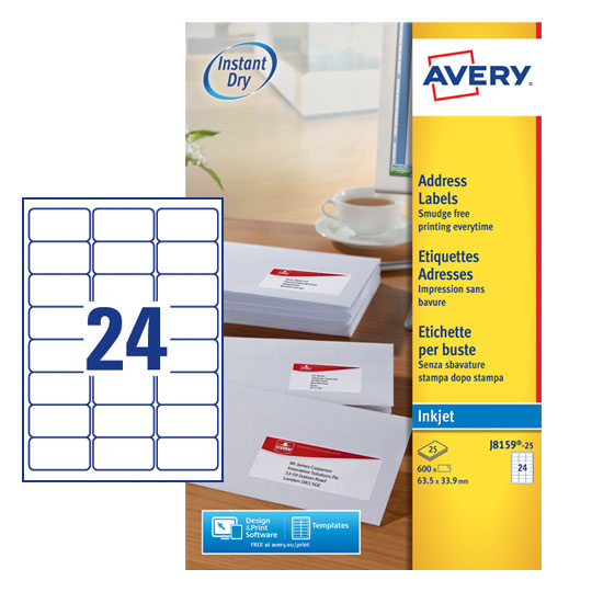 Avery Inkjet Address Label 63.5x34mm 24 Per A4 Sheet White (Pack 600 Labels) J8159-25