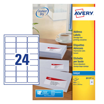 Avery Inkjet Address Label 63.5x34mm 24 Per A4 Sheet White (Pack 600 Labels) J8159-25