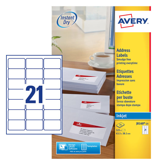 Avery Inkjet Address Label 63.5x38.1mm 21 Per A4 Sheet White (Pack 525 Labels) J8160-25