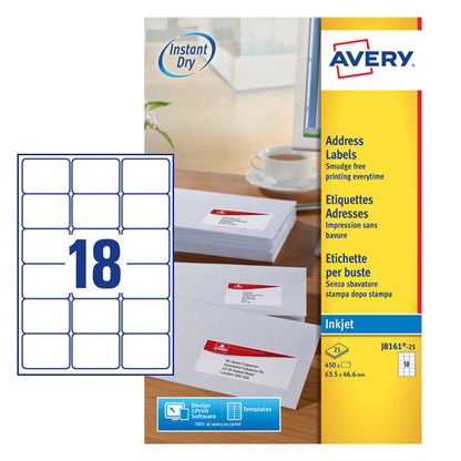 Avery Inkjet Address Label 63.5x46.6mm 18 Per A4 Sheet White (Pack 450 Labels) J8161-25