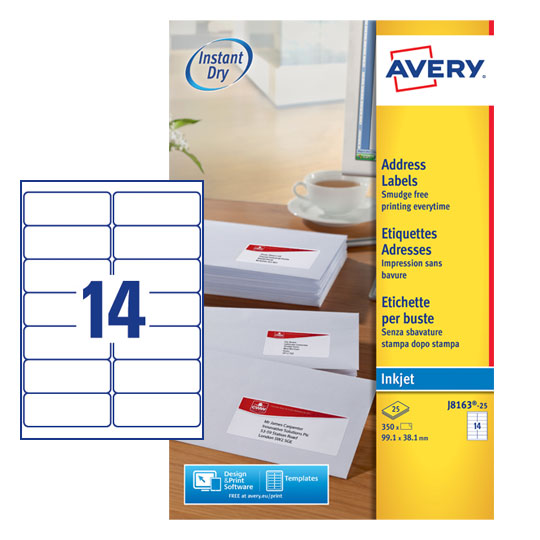 Avery Inkjet Address Label 99.1x38.1mm 14 Per A4 Sheet White (Pack 350 Labels) J8163-25