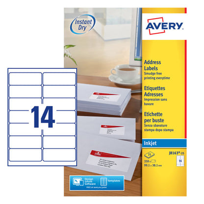 Avery Inkjet Address Label 99.1x38.1mm 14 Per A4 Sheet White (Pack 350 Labels) J8163-25