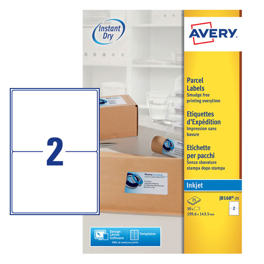 Avery Inkjet Address Label 200x143.5mm 2 Per A4 Sheet White (Pack 50 Labels) J8168-25