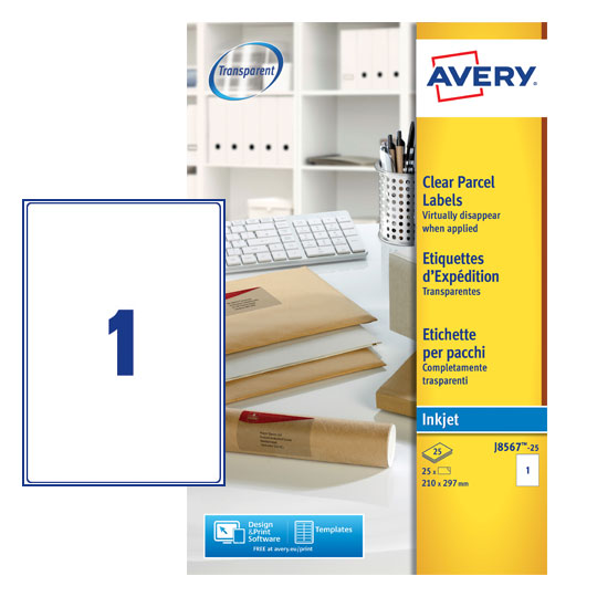 Avery Inkjet Address Label 210x297mm 1 Per A4 Sheet Clear (Pack 25 Labels) J8567-25